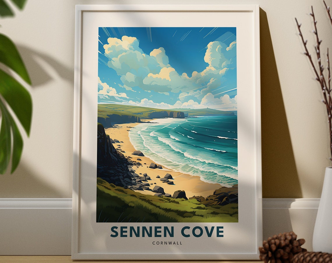 Sennen Cove Cornwall Retro Coastal Travel Poster Beach Surf Waves