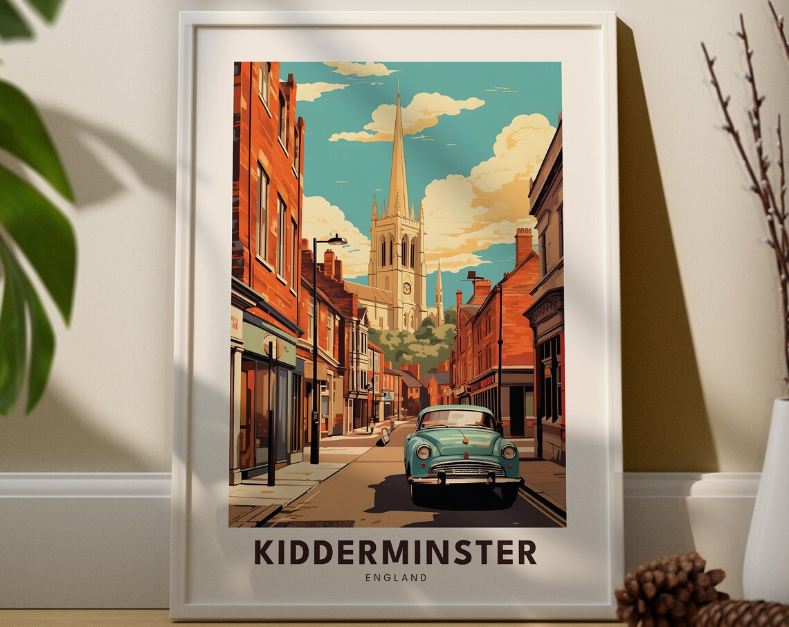 Kidderminster England Retro Street Church Spire Travel Poster
