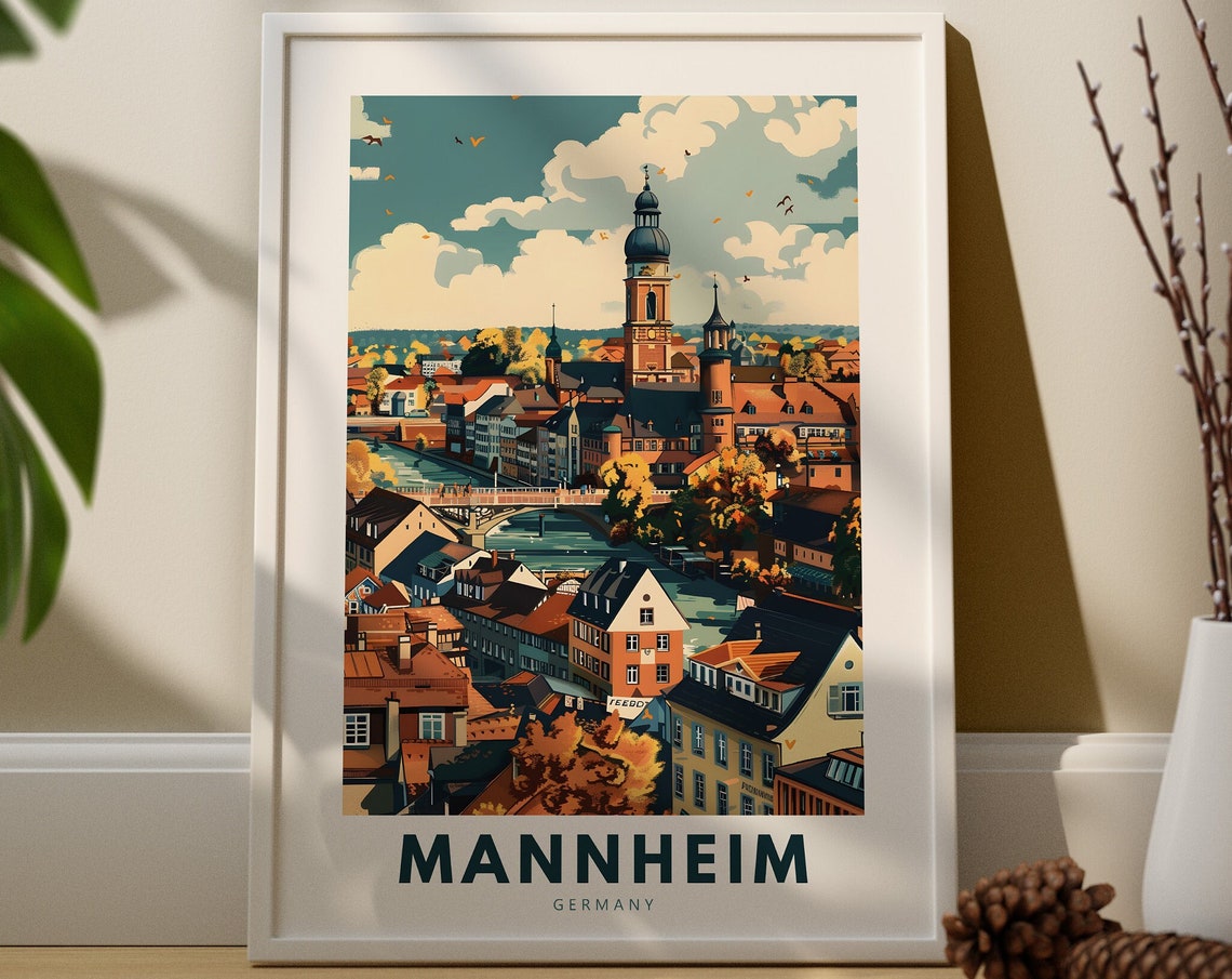 Mannheim Germany Travel Poster Autumn Old Town and River View Art
