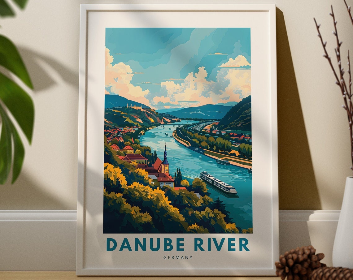 Danube River Germany Vintage Travel Poster Cruise Ship Scenic Art