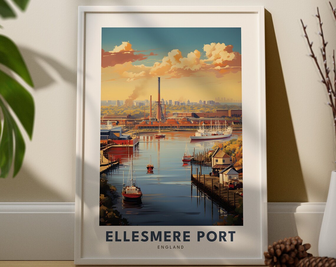 Ellesmere Port England Industrial Docks Boats Harbor Travel Poster