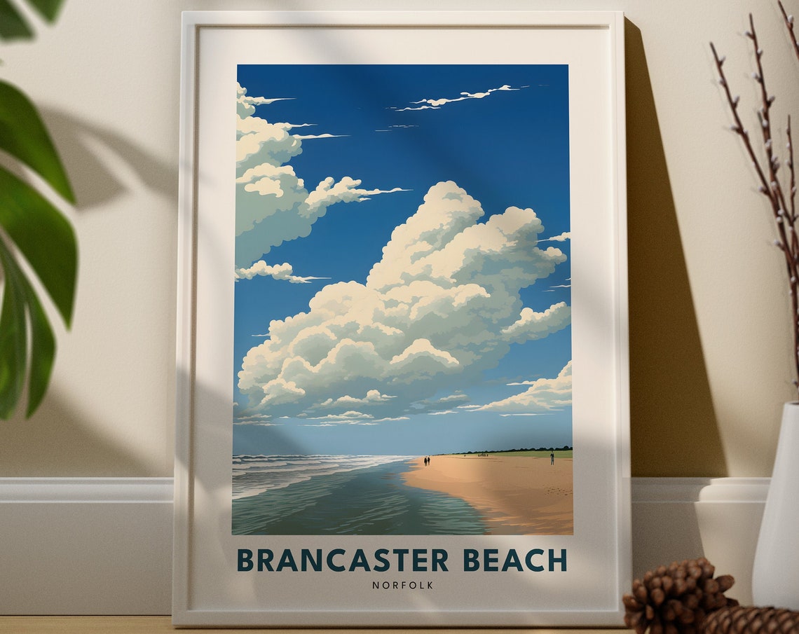 Brancaster Beach Norfolk Golden Sands Retro Cloud Sky Travel Poster
