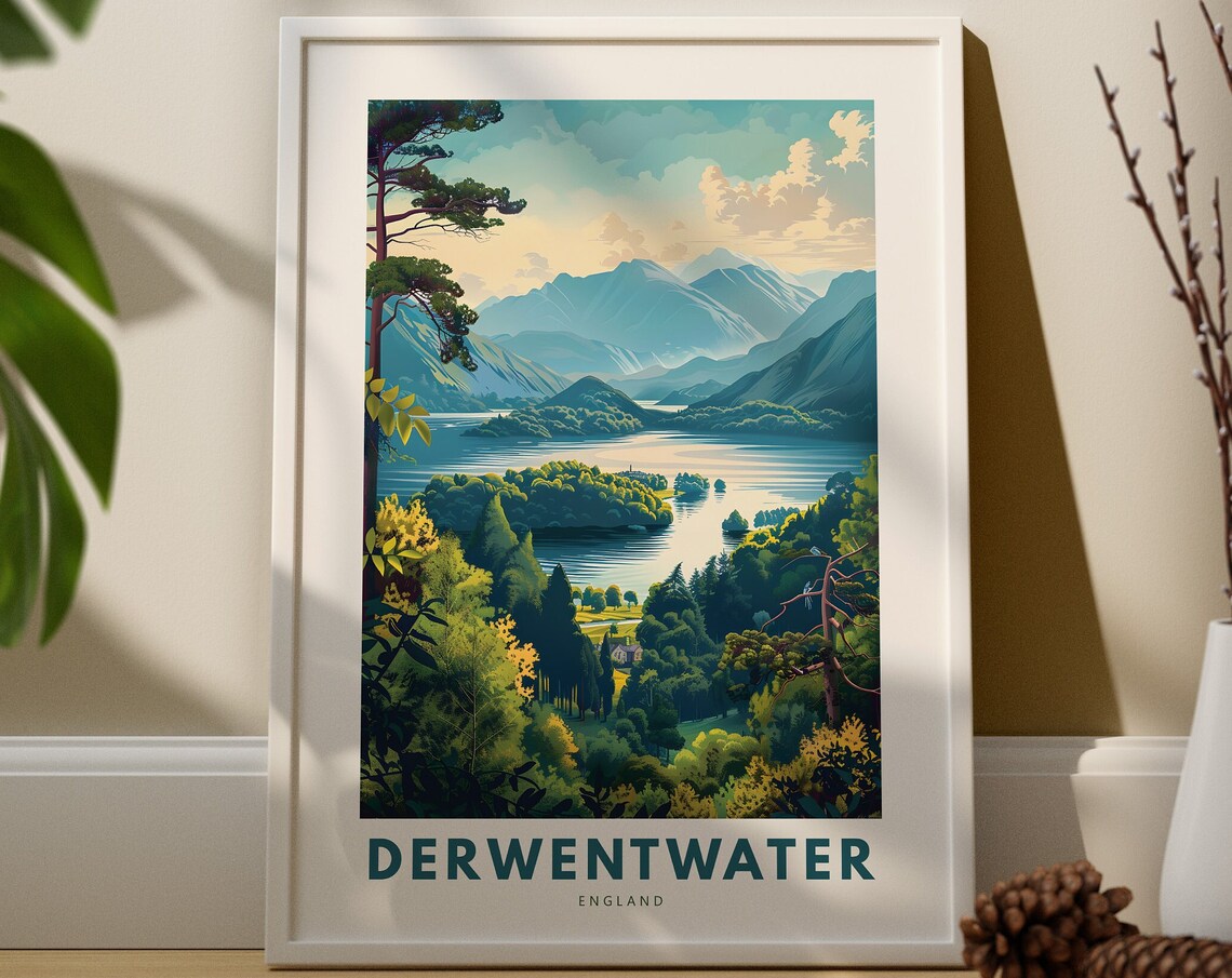 Derwentwater England Lake District Mountain Lake Modern Travel Poster
