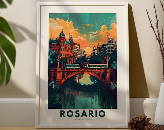 Rosario Argentina Sunset Bridge River Waterfront Vintage Travel Poster