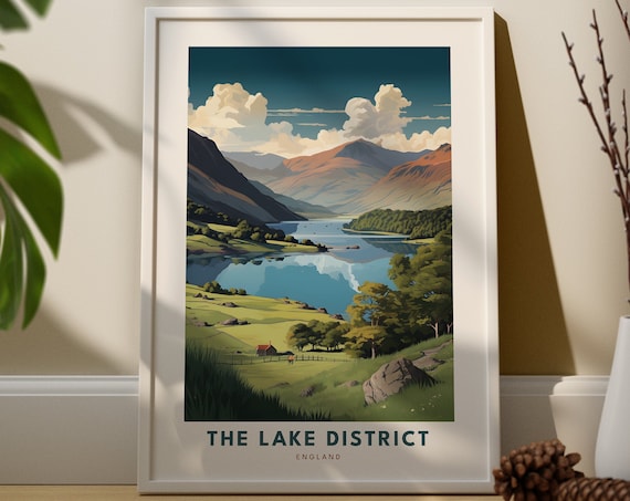 Lake District England Vintage Style Mountain Lake Travel Art Poster