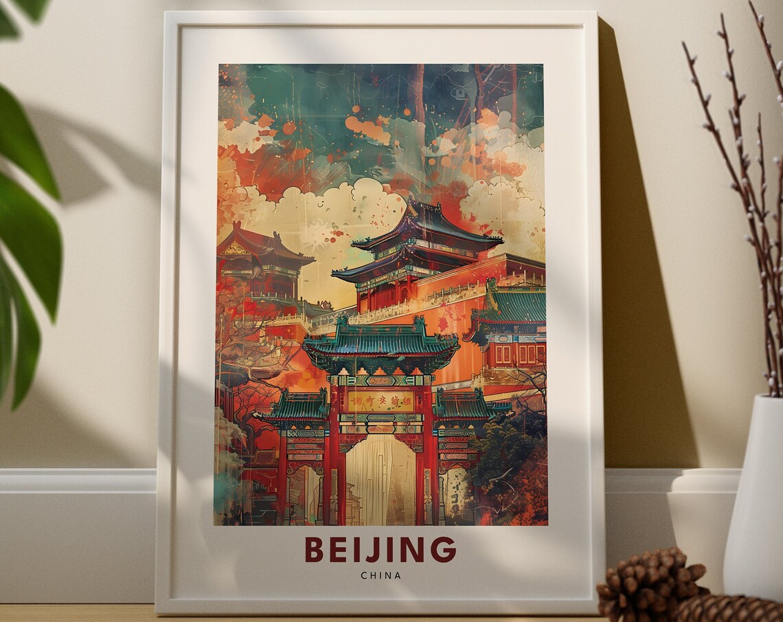 Beijing China Imperial Temple Palace Red Roofs Travel Poster Art