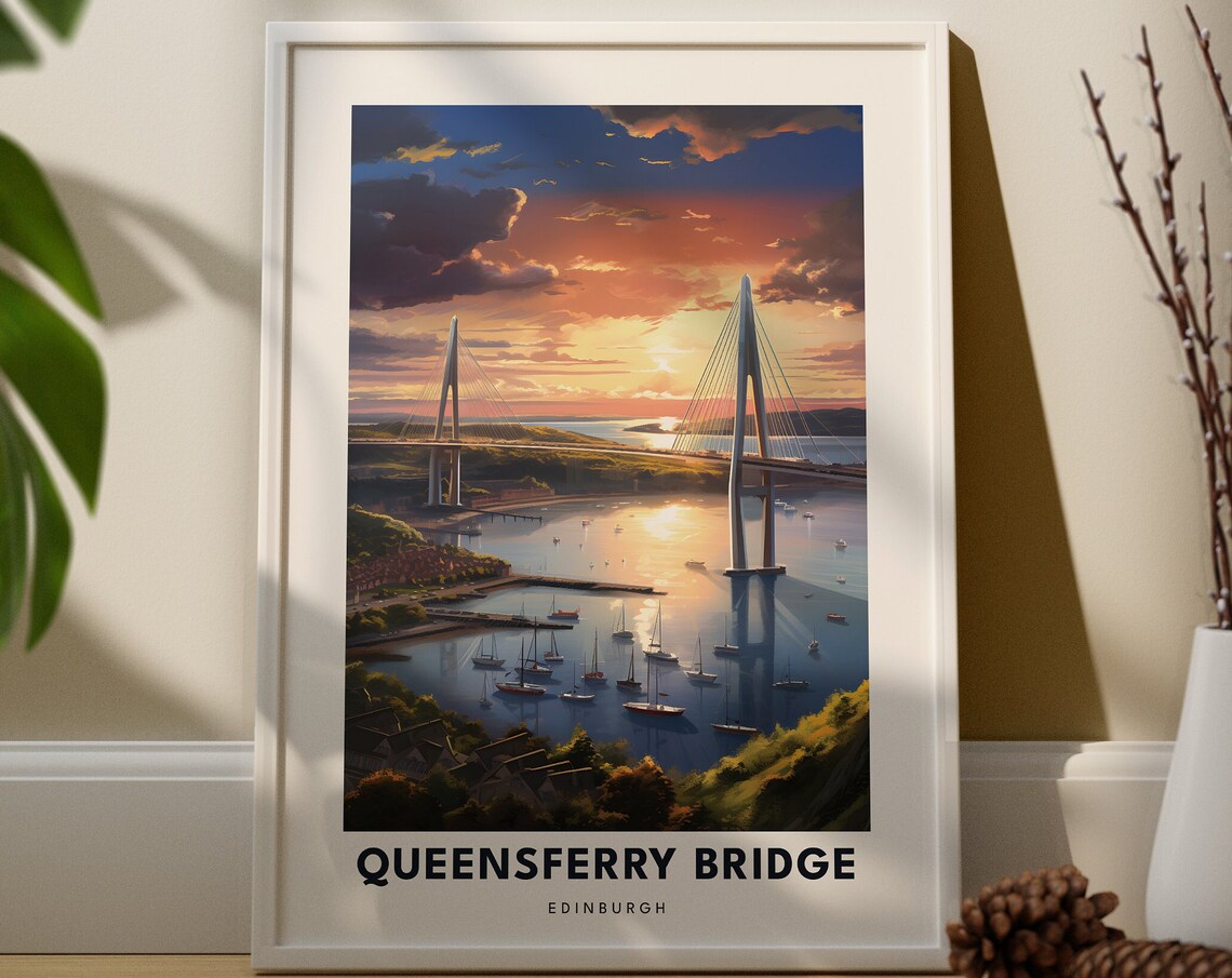 Queensferry Bridge Edinburgh Travel Poster Sunset Harbour Scene