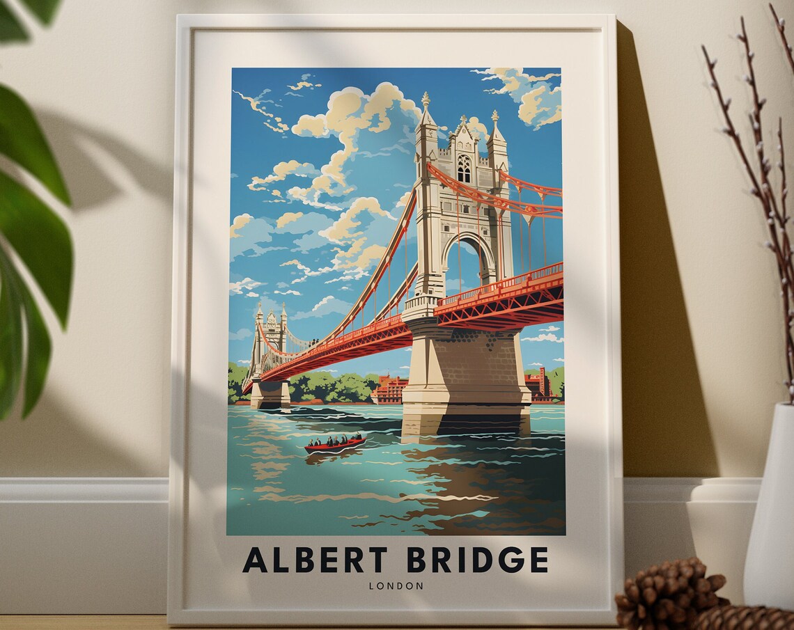 Albert Bridge London England Red Suspension Bridge Vintage Travel Poster
