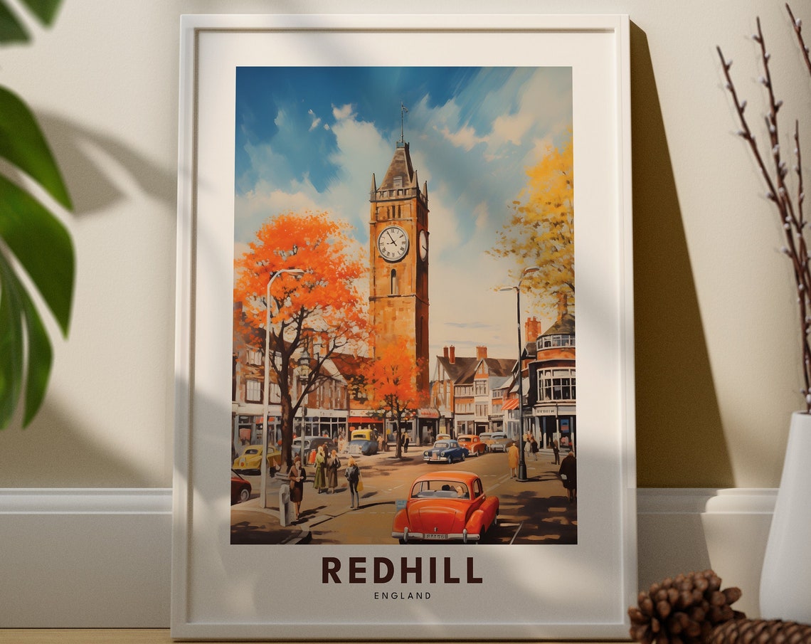 Redhill England Vintage Clock Tower Street Scene Travel Poster