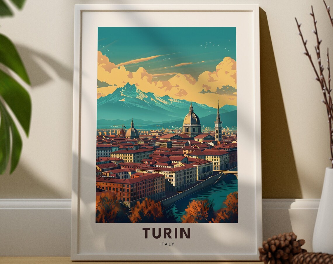 Turin Italy Vintage Travel Poster Alpine Skyline River Domes City Scene