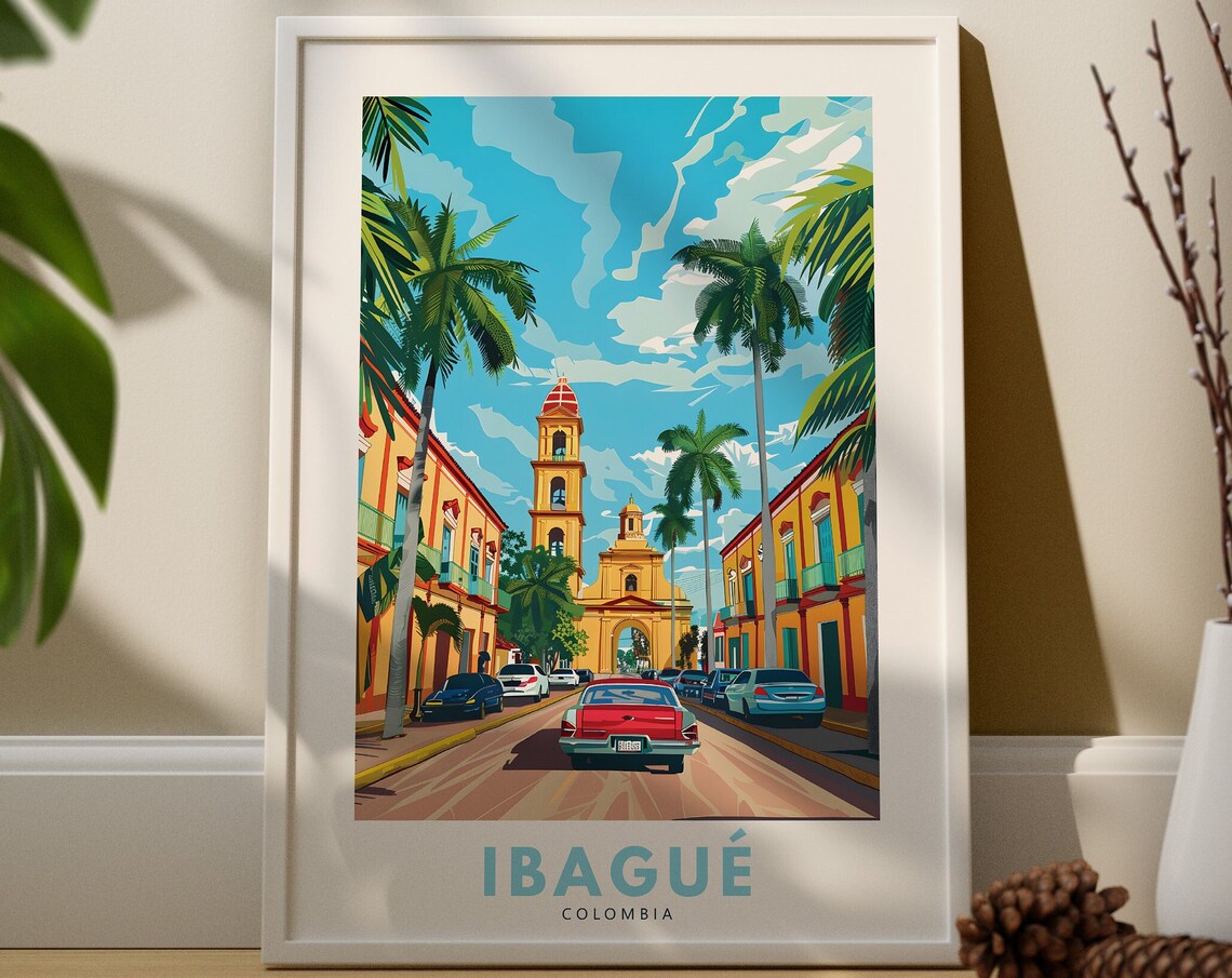 Ibagué Colombia Colonial Street Church Palms Classic Car Poster