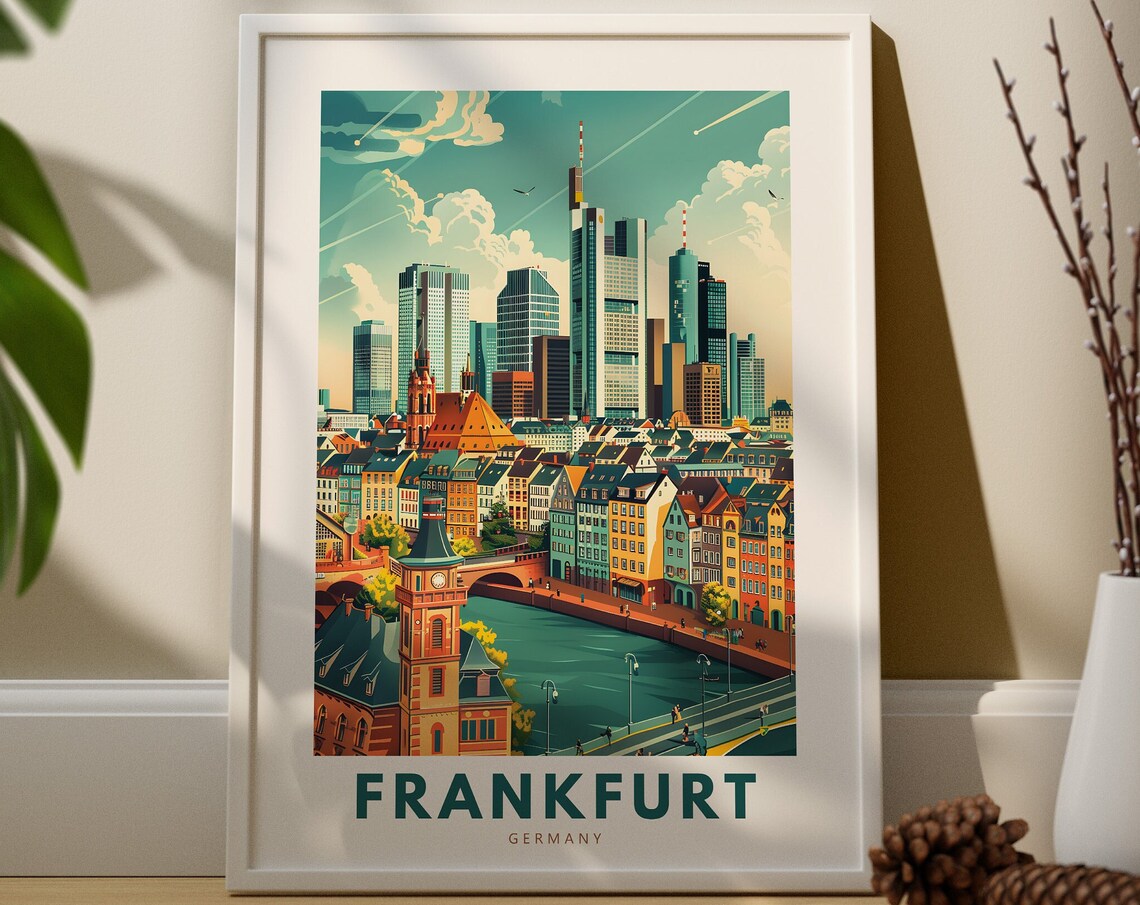 Frankfurt Germany Vintage Travel Poster Skyline River Cityscape