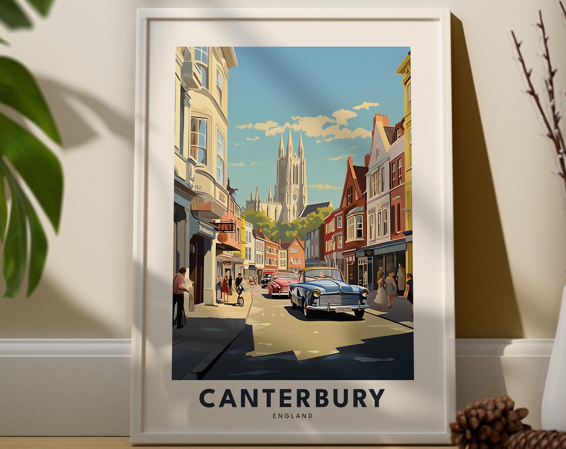 Canterbury England Vintage Travel Poster with Cathedral Street Scene