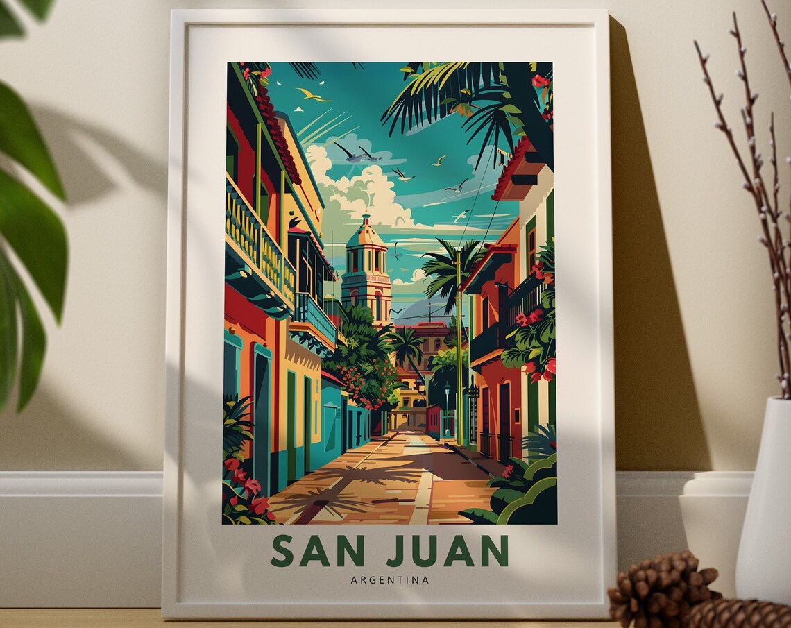San Juan Argentina Colorful Colonial Palm Street Travel Poster