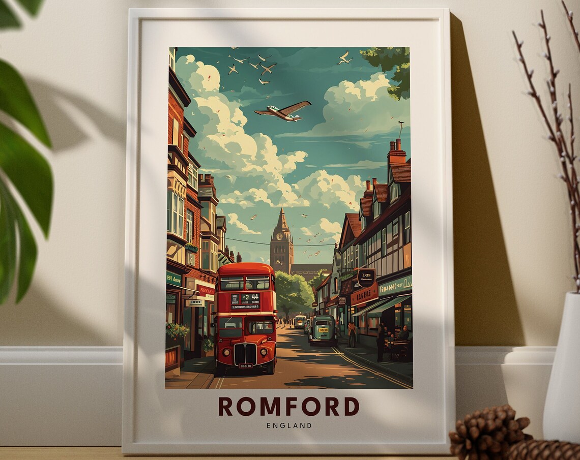 Romford England High Street Red Bus Retro Travel Poster with Clock Tower