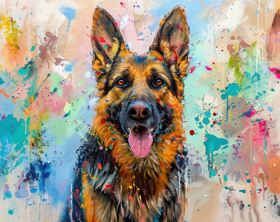 German Shepherd Tongue Out Pastel Paint Splash Watercolor Art Poster