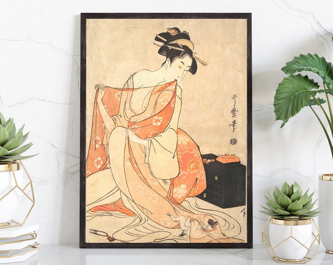 Utamaro Woman with Kitten Vintage Japanese Woodblock Art Poster