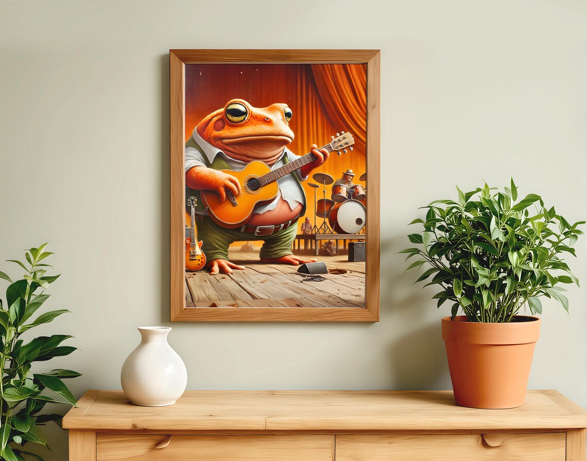 Frog Playing Guitar on Stage with Backing Band Funny Animal Poster