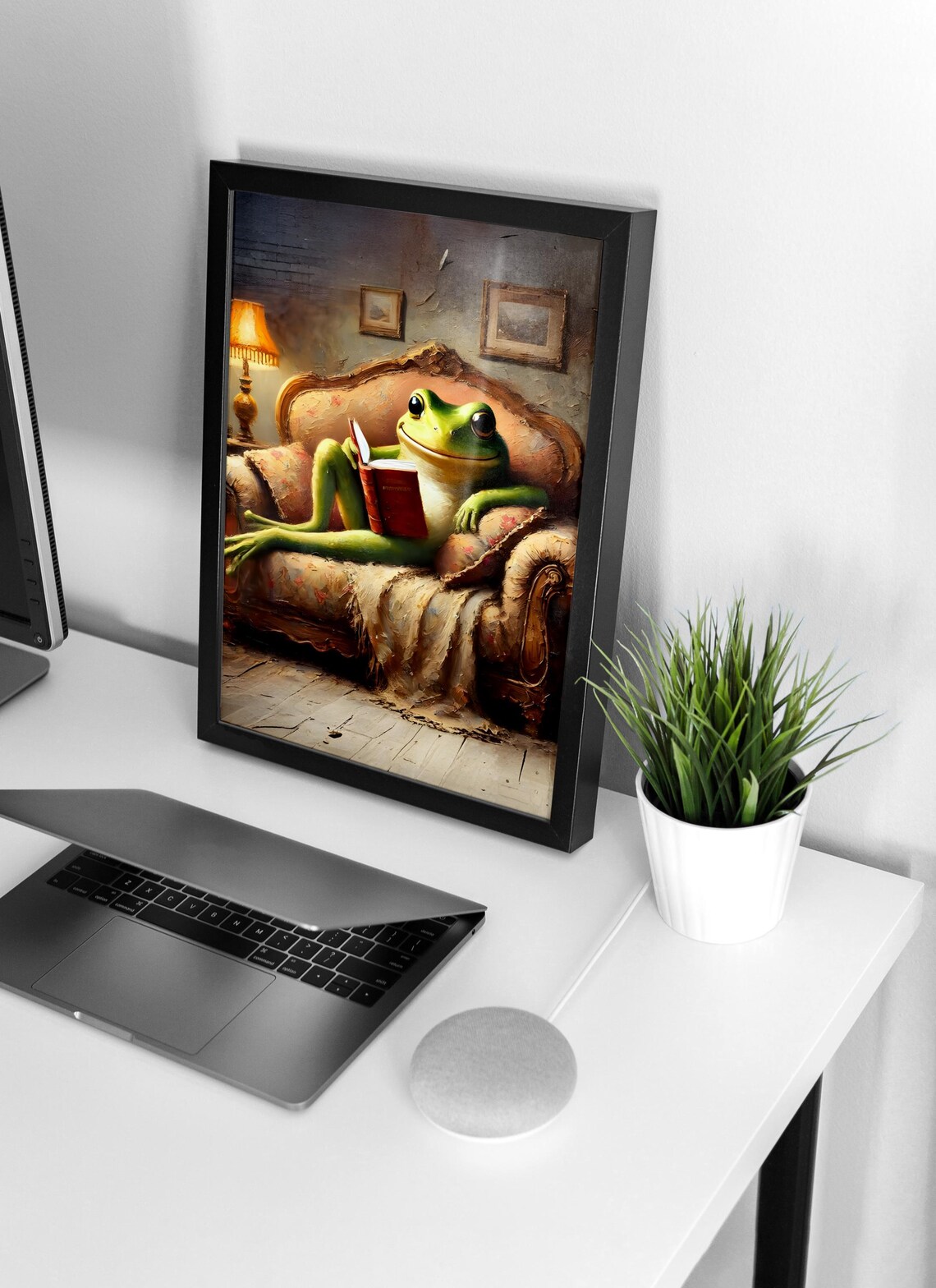 Cozy Frog Reading a Book on a Vintage Sofa at Home Humor Poster - Image 4
