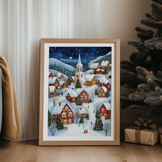 Christmas Folk Art Painting Christmas Town Print Cute Holiday Winter Print Instant Print Christmas Gift