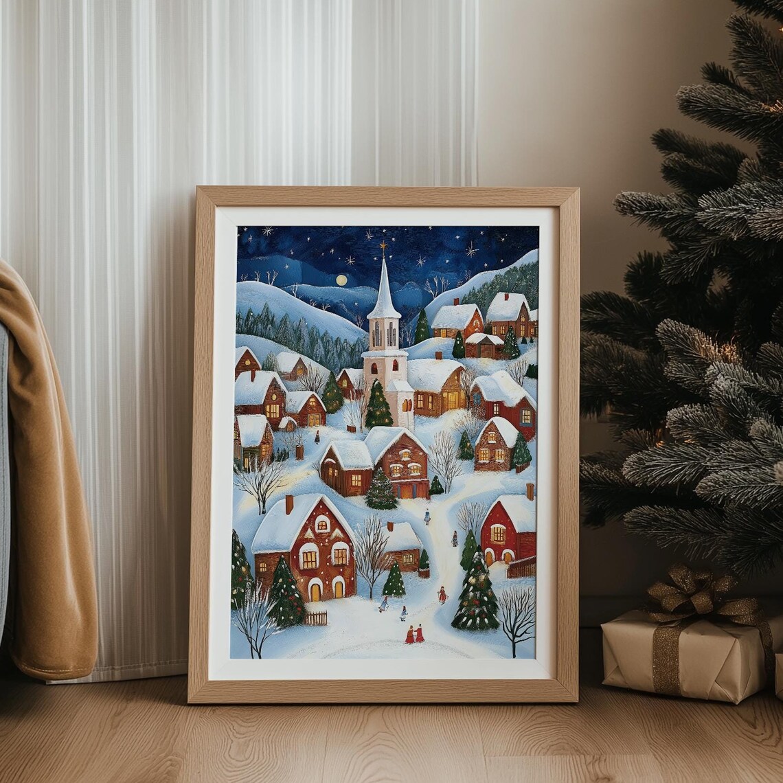 Snowy Village Church Starry Night Folk Style Christmas Scene Wall Art