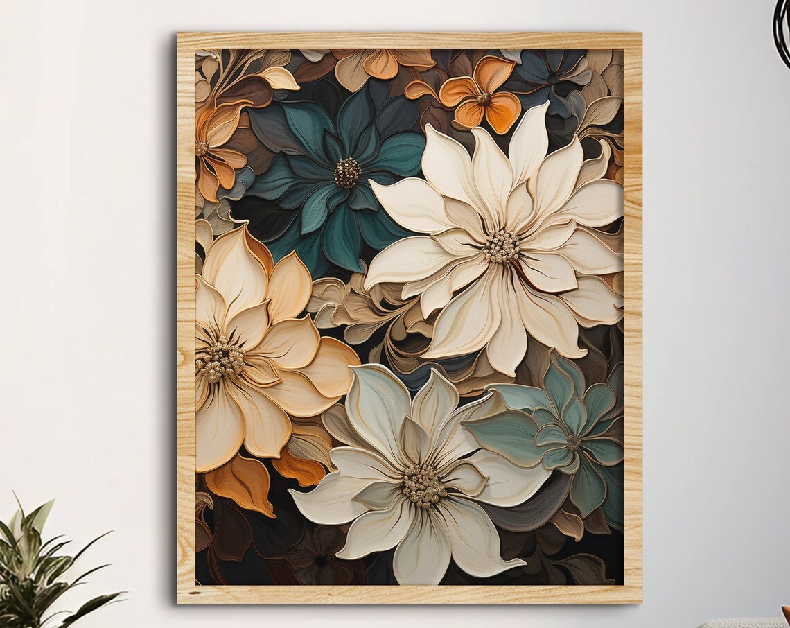 Boho Flower Botanical Wall Art Print, Bedroom Decor