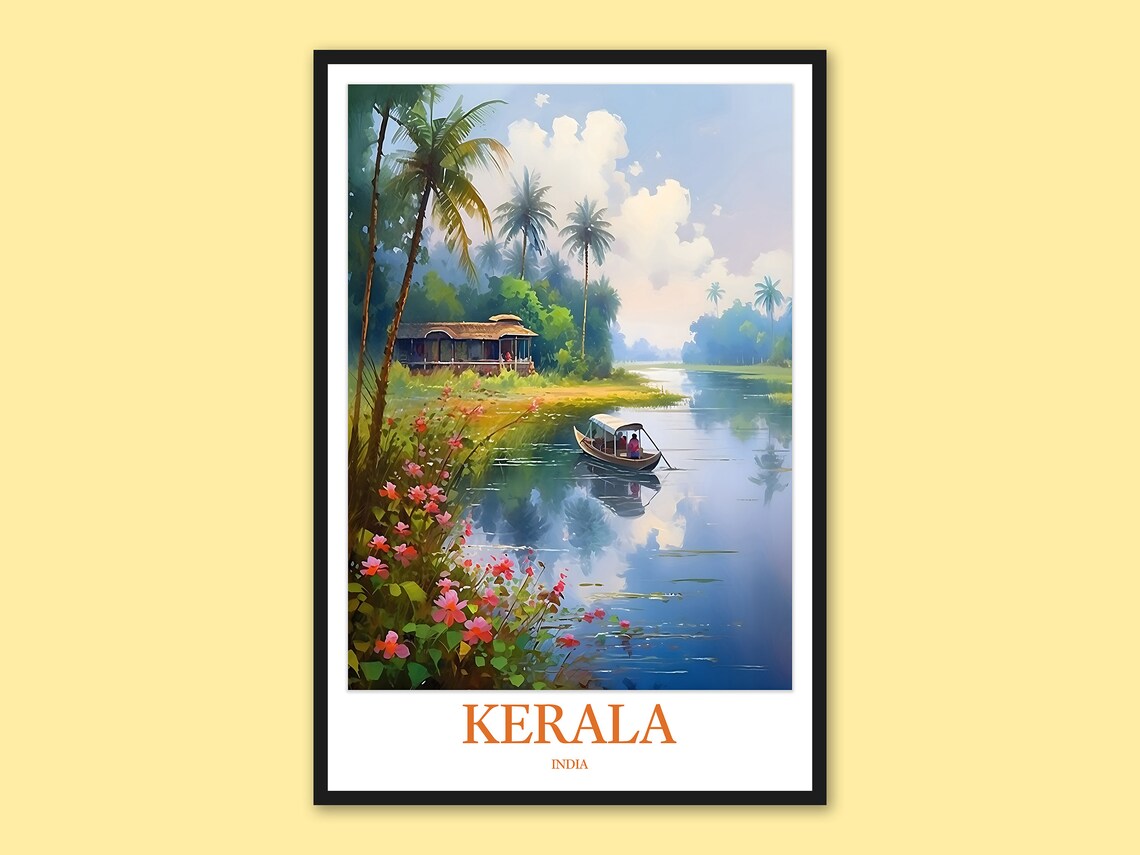 Kerala Backwaters Houseboat Flowering Gardens Watercolor Poster