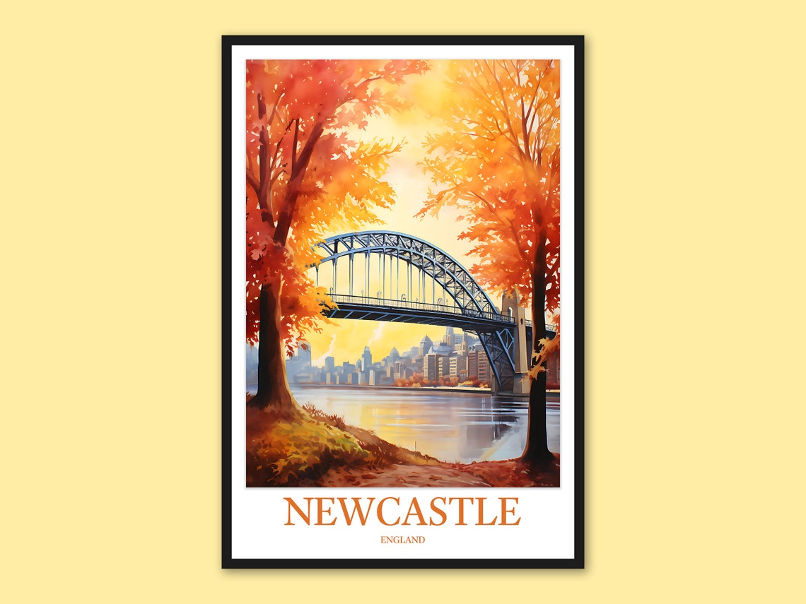 Newcastle England Tyne Bridge Autumn Riverside Watercolor Poster
