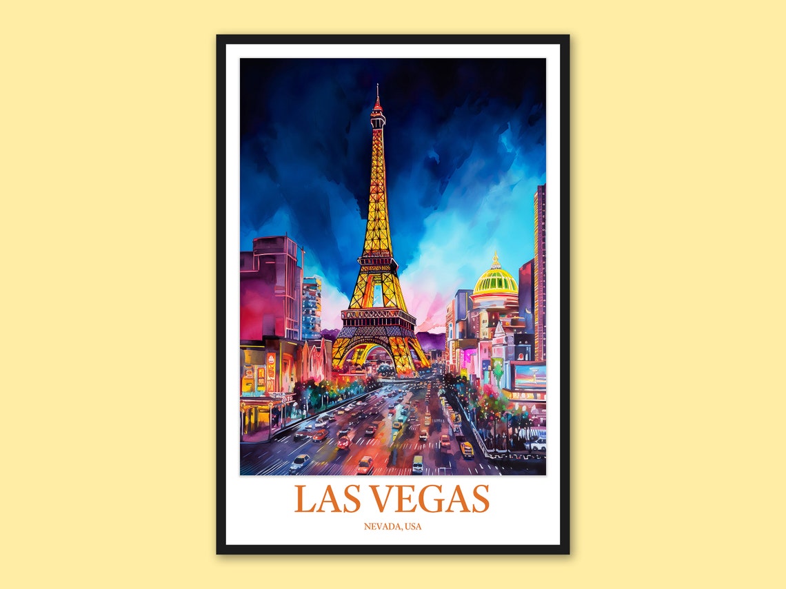 Las Vegas Eiffel Tower Neon Nightscape Strip Watercolor Poster