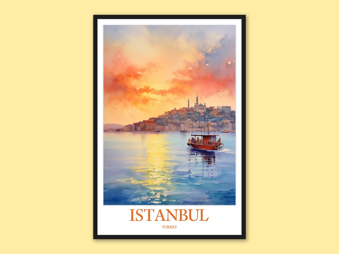 Istanbul Sunset Skyline With Minarets And Red Boat Watercolor Poster