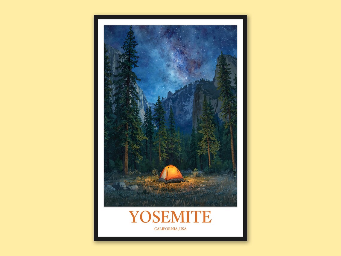 Yosemite California Starry Night Tent Camping Milky Way Poster