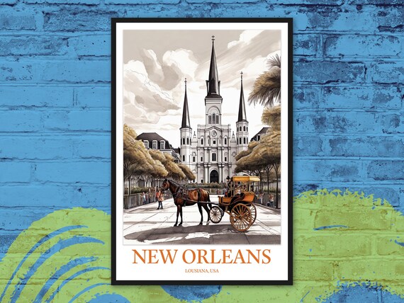 New Orleans Horse Drawn Carriage Cathedral Vintage Travel Poster