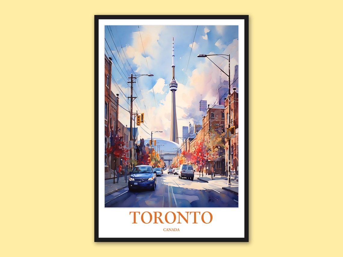 Toronto Canada CN Tower Street View Autumn Watercolor Travel Poster