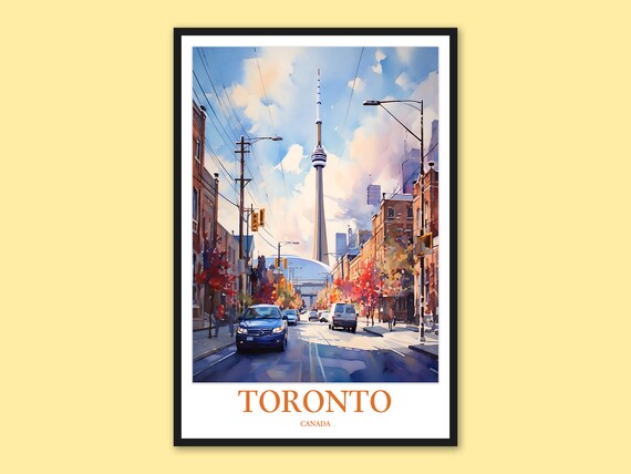 Toronto Canada CN Tower Street View Autumn Watercolor Travel Poster