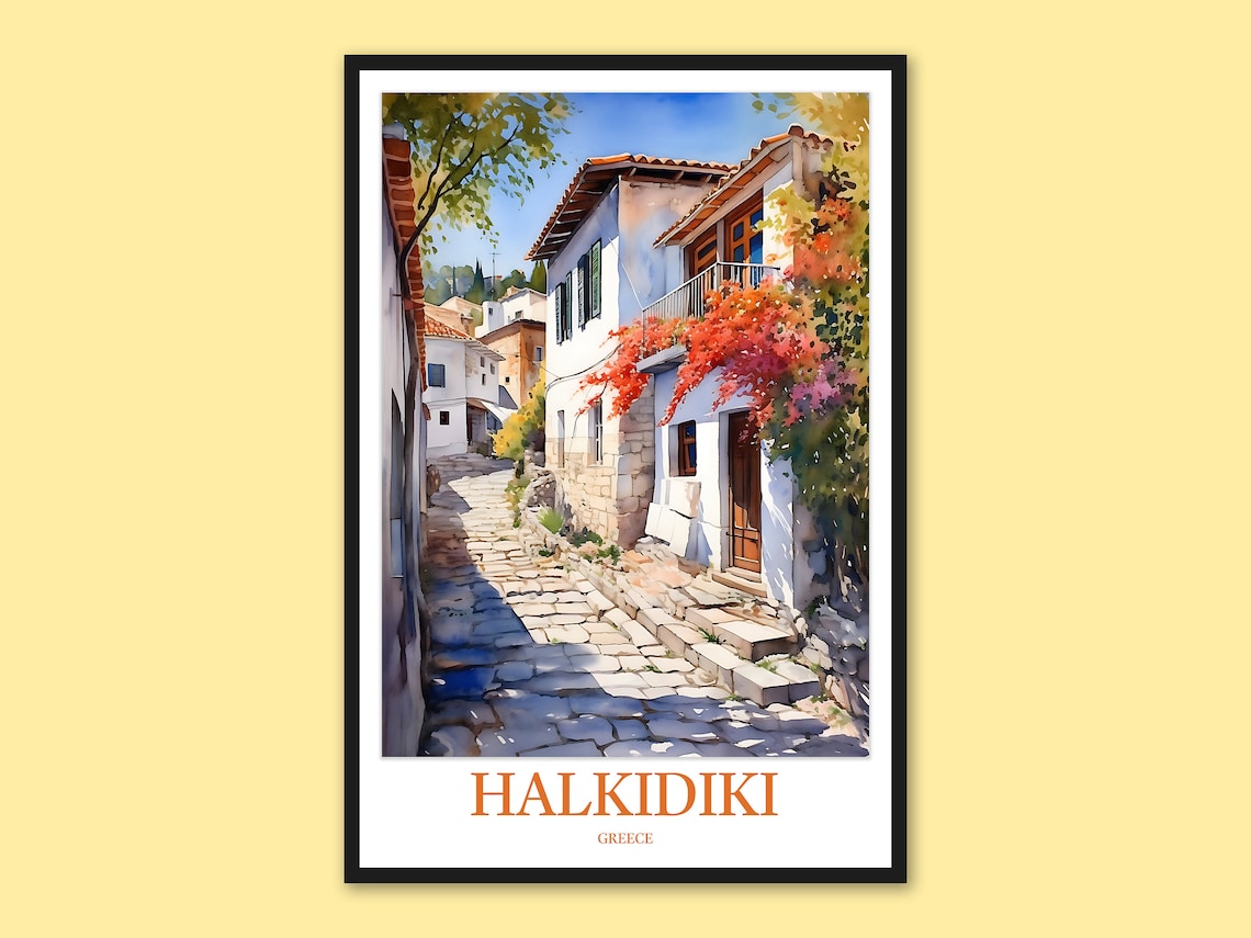 Halkidiki Greece Afitos Village Alley Bougainvillea Travel Poster
