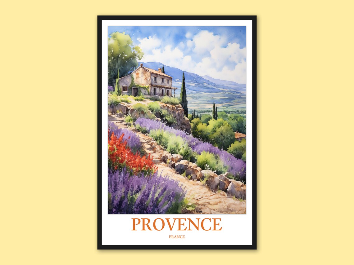 Provence France Lavender Field Farmhouse Watercolor Travel Poster