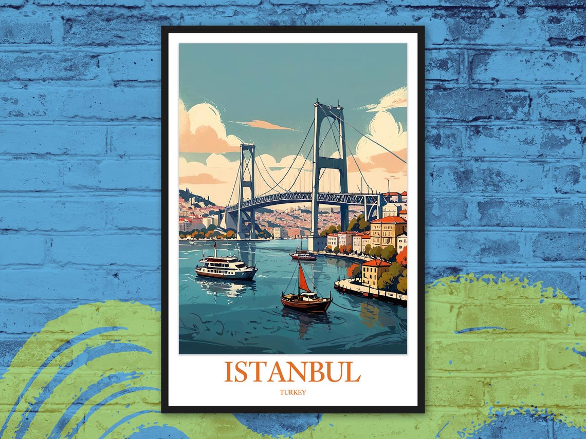 Istanbul Bosphorus Bridge Retro Boats Travel Illustration Poster