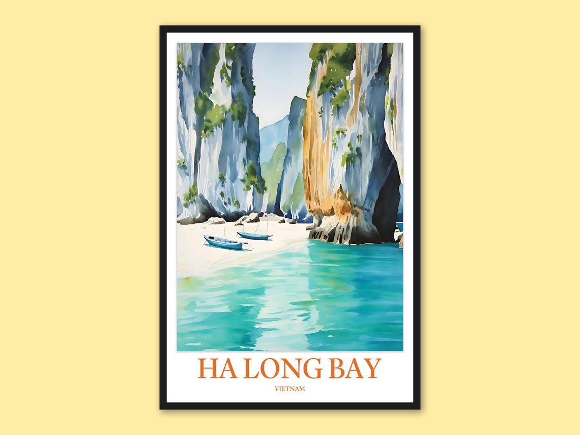 Ha Long Bay Vietnam Watercolor Beach and Limestone Cliffs Poster