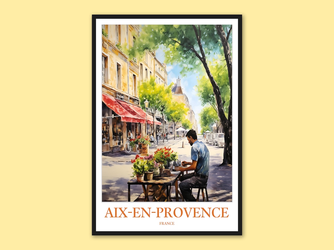 Aix-en-Provence France Charming Cafe Street Watercolor Travel Poster