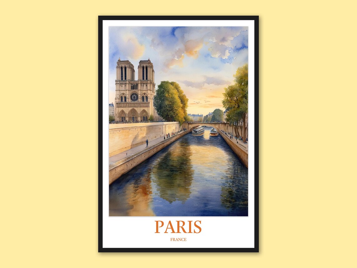 Paris Notre Dame Cathedral Seine River Boats Watercolor Travel Poster