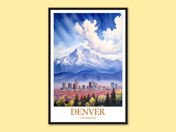 Denver Colorado Skyline Snowcapped Rocky Mountain Watercolor Poster