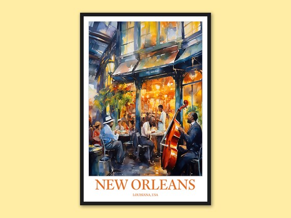 New Orleans French Quarter Jazz Cafe Watercolor Travel Poster
