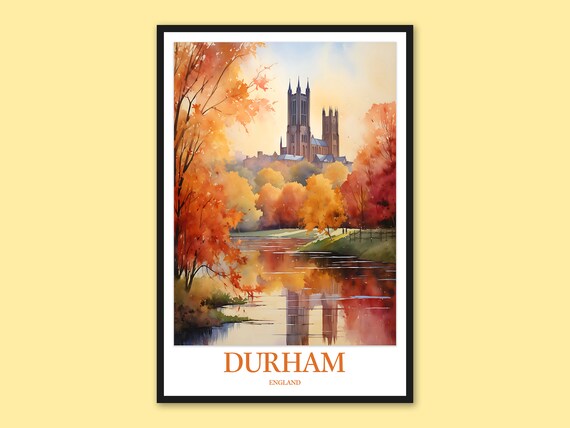 Durham Cathedral Autumn River Reflection Watercolor Travel Poster