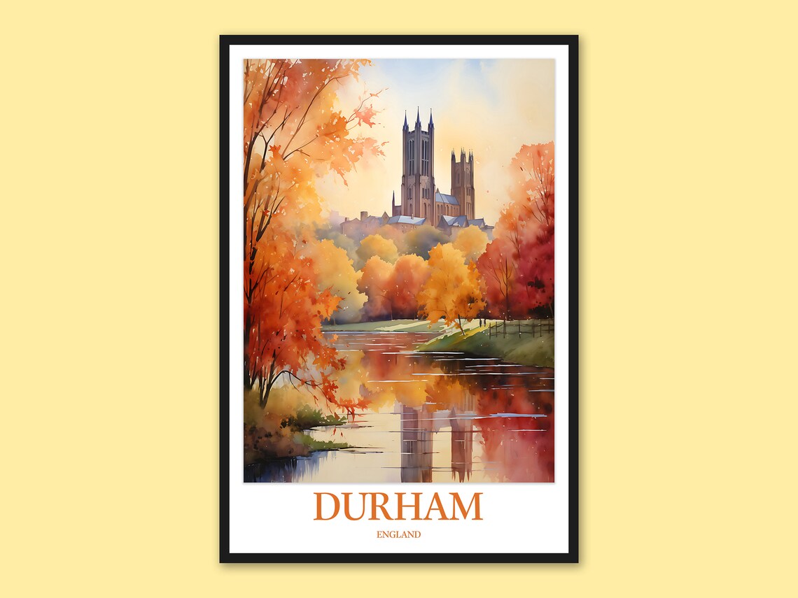 Durham Cathedral Autumn River Reflection Watercolor Travel Poster