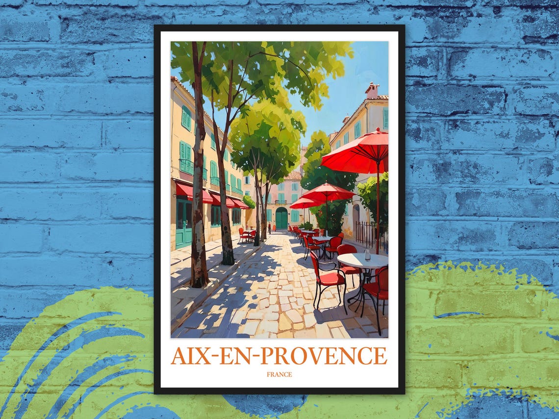 Aix-en-Provence Tree-Lined Street Red Umbrella Cafes Travel Poster