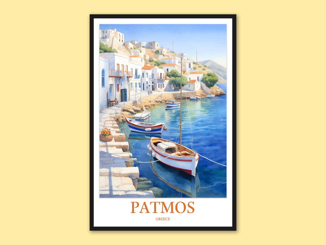 Patmos Greece Harbor Sailboat Watercolor Travel Decor Poster