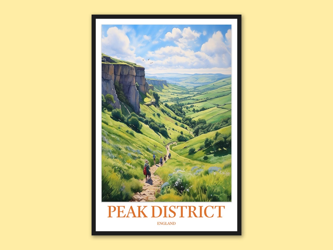 Peak District Limestone Crag Trail Poster, England Valley Hiking Art