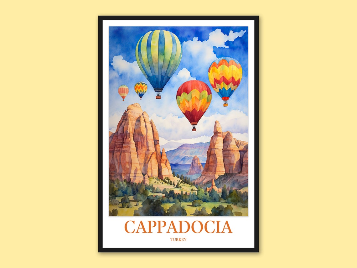 Cappadocia Hot Air Balloons Over Rocky Valleys Daytime Travel Poster