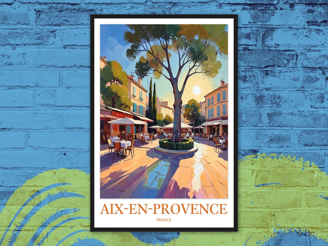 Aix-en-Provence France Evening Cafe Plaza Illustration Travel Poster
