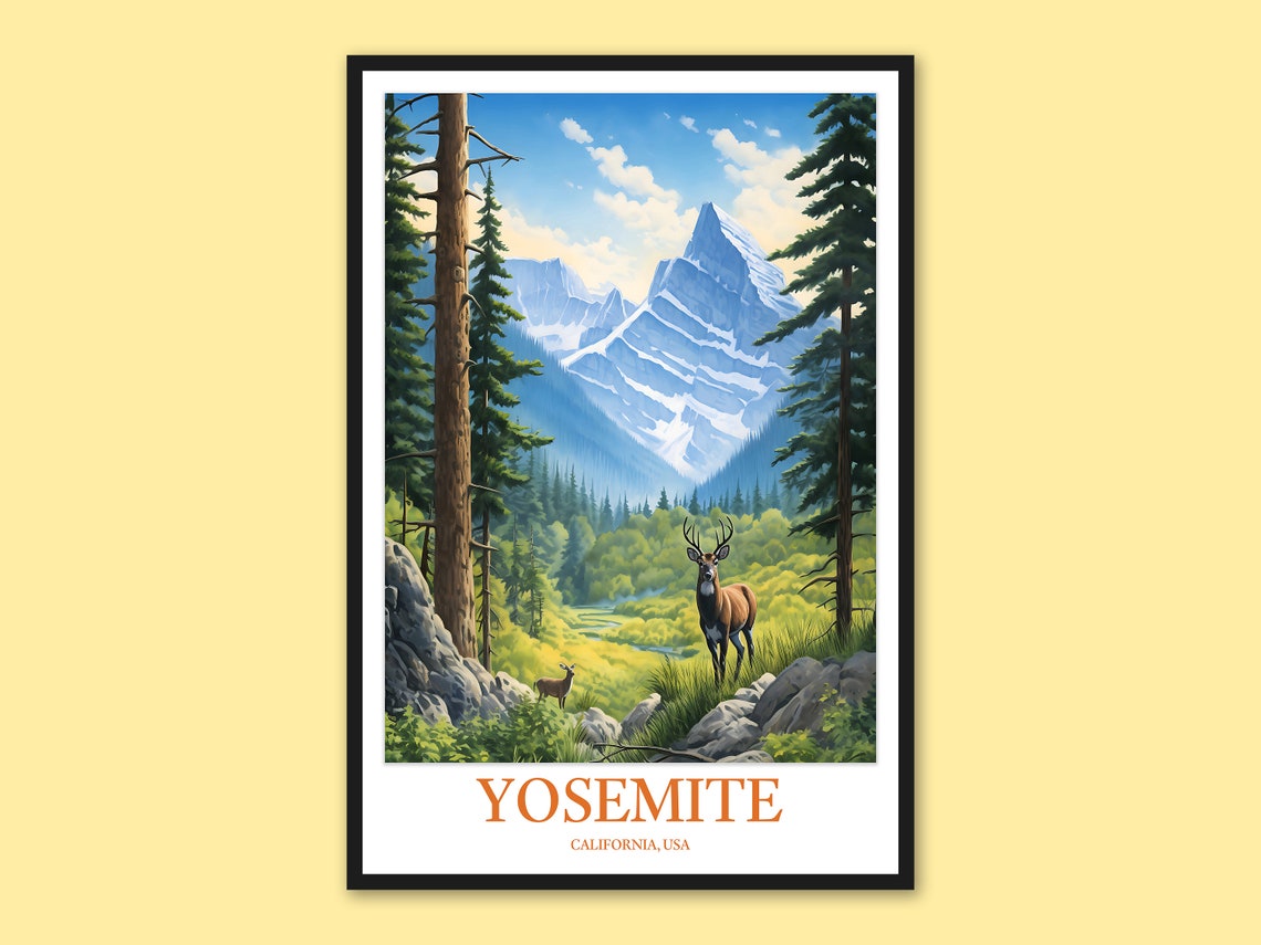 Yosemite Deer Snowy Peaks Wildlife Watercolor National Park Poster